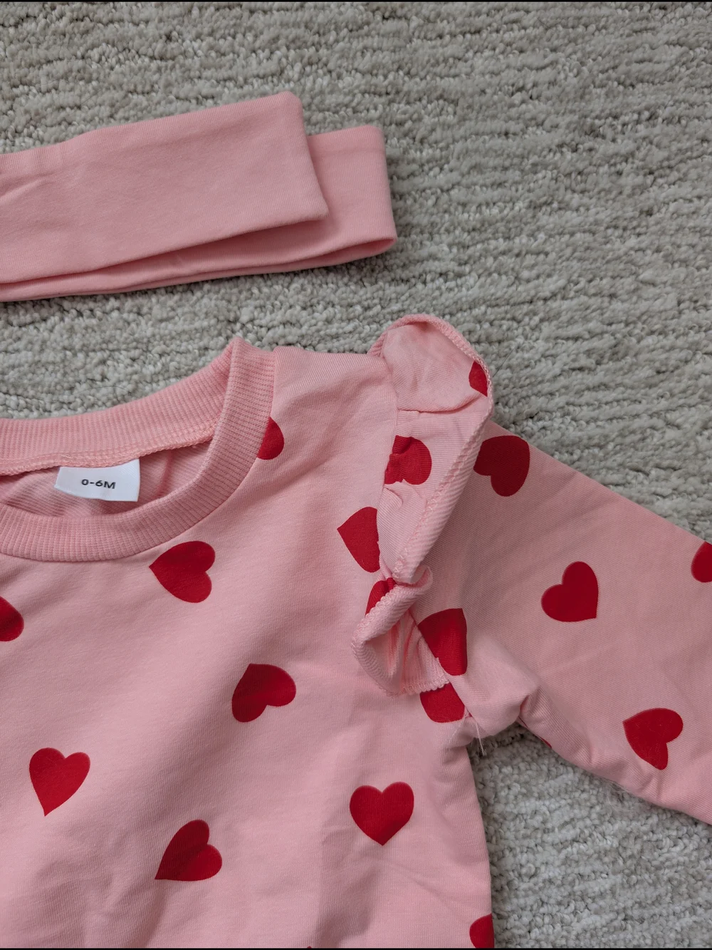Baby Pink Heart-Print Sweat Suit Set with Headband